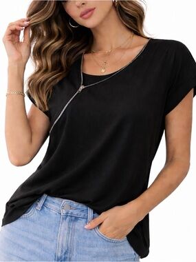Express Black Short Sleeve Top with Diagonal Zipper